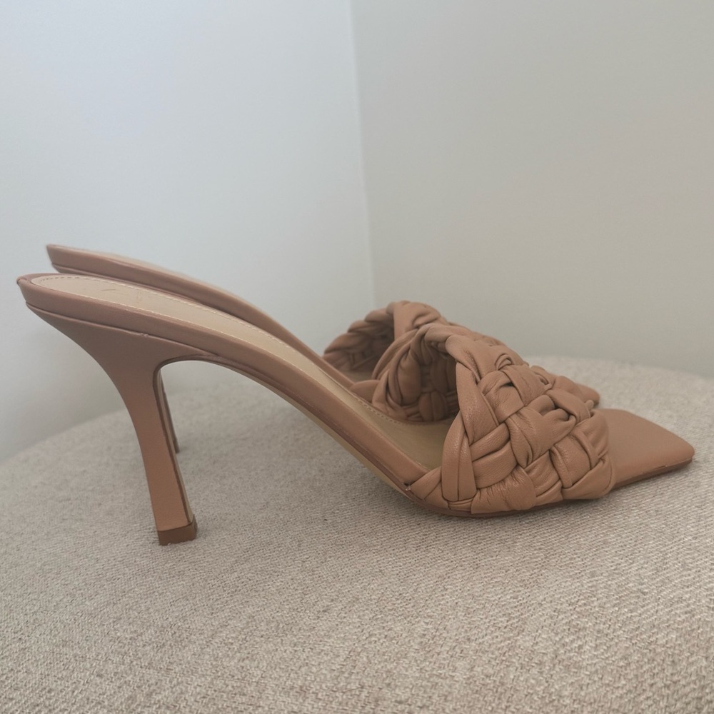 Marc Fisher Draya Braided Leather Slip On Heeled Sandals-Tan-New